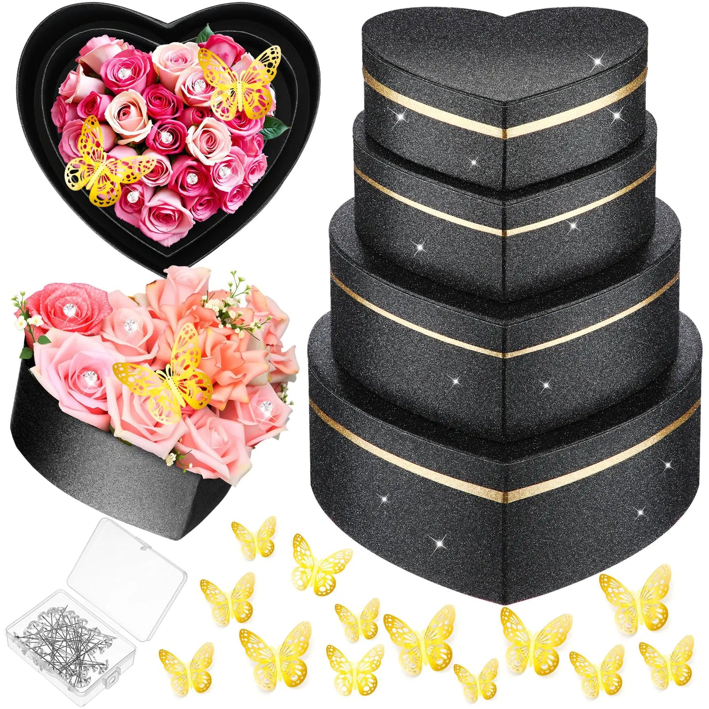 Dunzoom 4 Pcs Valentines Day Heart Shaped Gift Boxes with Lids Heart Flower Box for Arrangement Floral Gift Box Nesting Gifts Box for Bridesmaid Proposal Wedding Birthdays Baby Showers(Black)